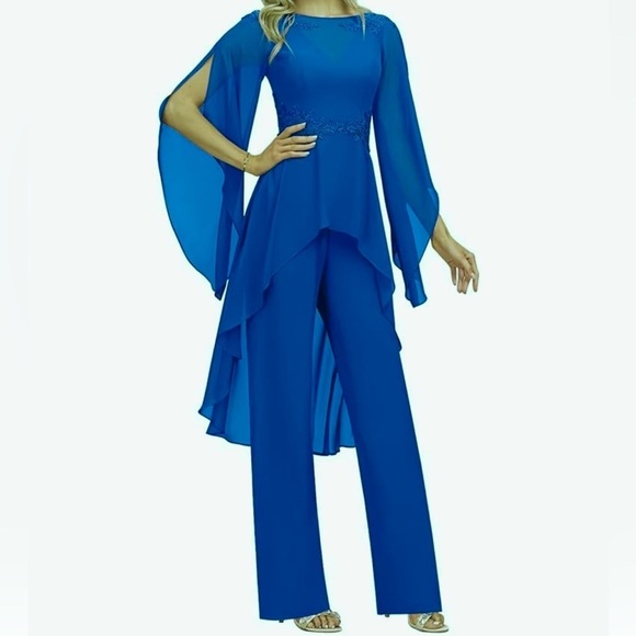 Pants - Aqua Blue Flutter Sleeves Jumpsuit Pants suit Romper with lace appliqué NWT